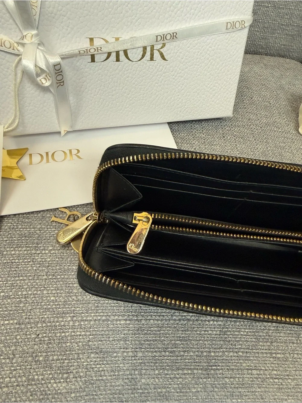 Dior Black Quilted Lady Dior Voyauger Zip Wallet with Gold Charms
